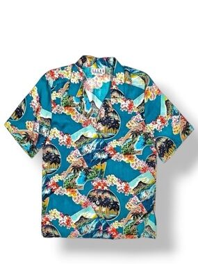 Erena Hawaiian Aloha Vintage Shirt Women Tropical Button up Teal Petite Medium